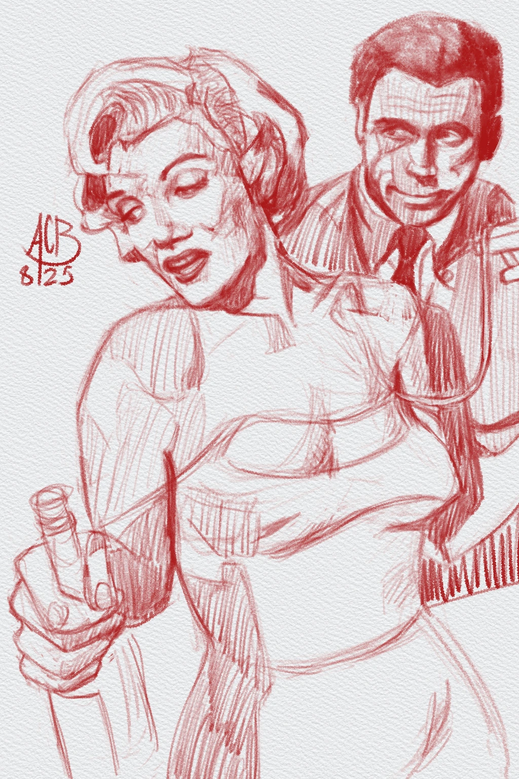 Pencil sketch of Marilyn Monroe and Tom Ewell. Monroe holds a bottle up, while Ewell suspends one of the straps from her dress from his hand