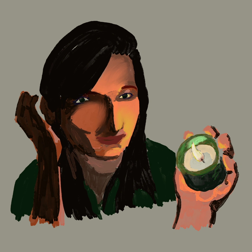 Very rough painted sketch of Hypnotist Aftyn holding a candle