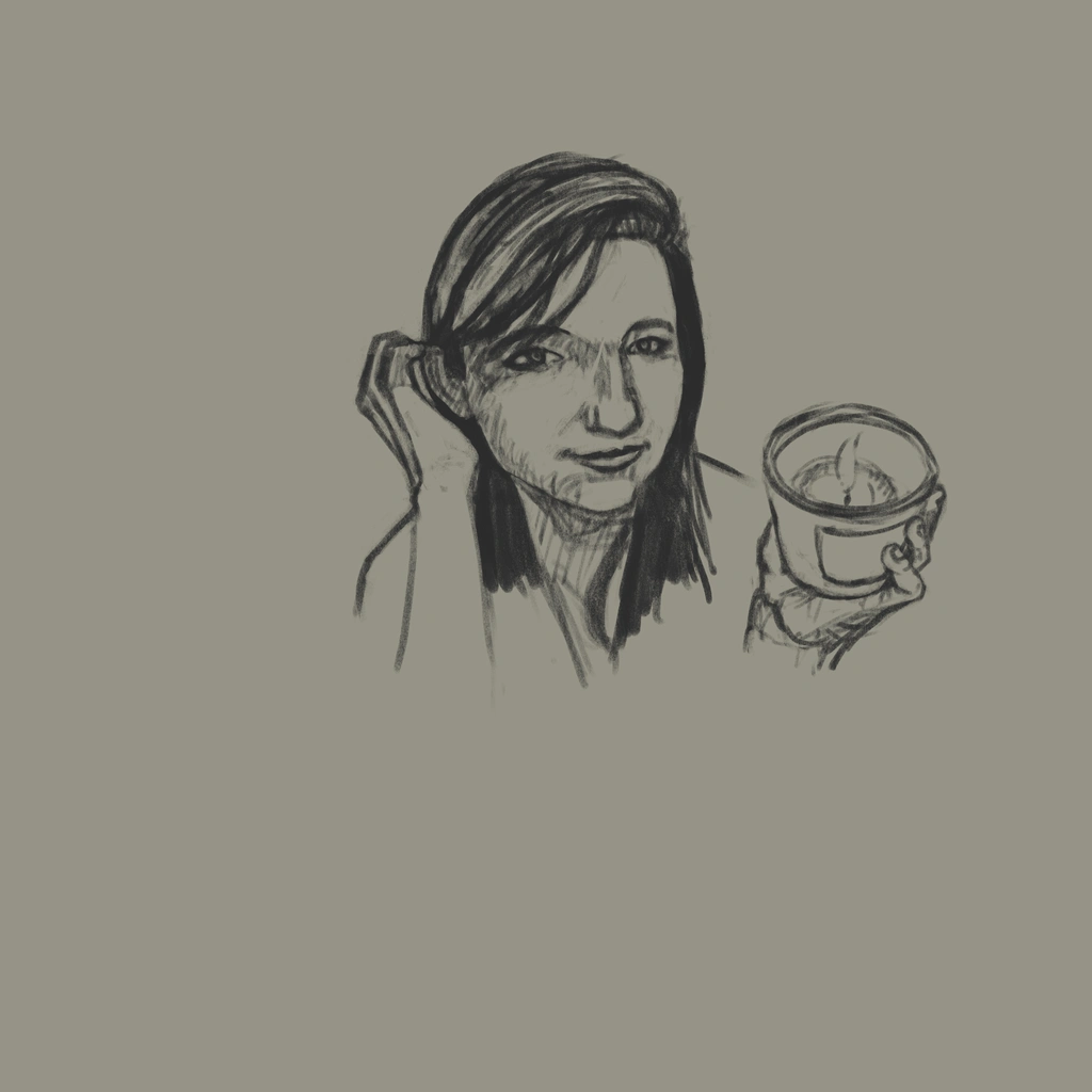 Small pencil sketch of Hypnotist Aftyn holding a candle