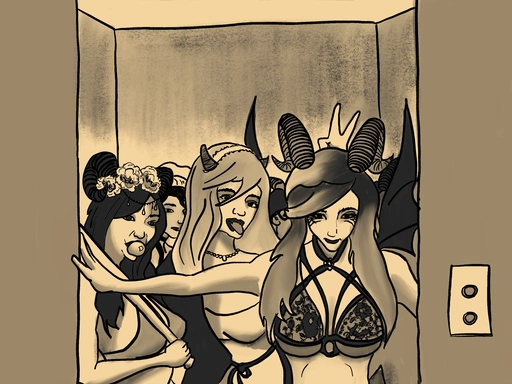 A gang of 6 succubi are arriving in the elevator