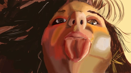 Loose painting of Aftyn Rose sticking out her tongue very close to the camera