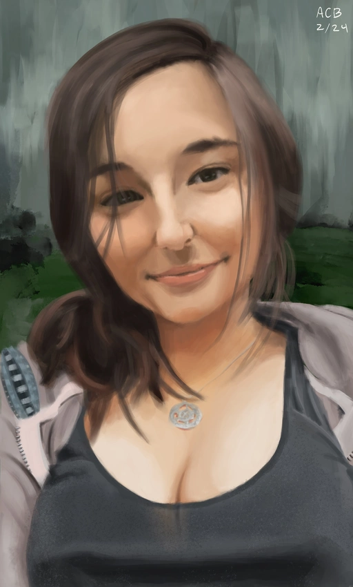 Painting of Aftyn Rose, sitting on her deck, smiling, wearing a hoodie and a black top