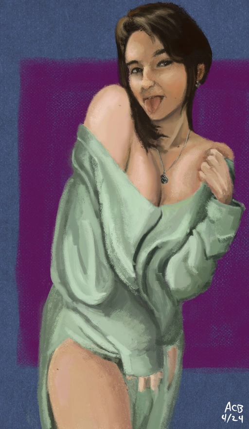 Pastel portrait of Aftyn Rose in a playful pose, wearing a loose green sweater