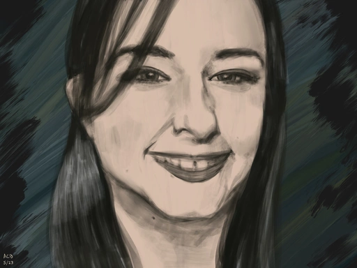 Sketch of Aftyn's face, smiling. Her hair is tied back