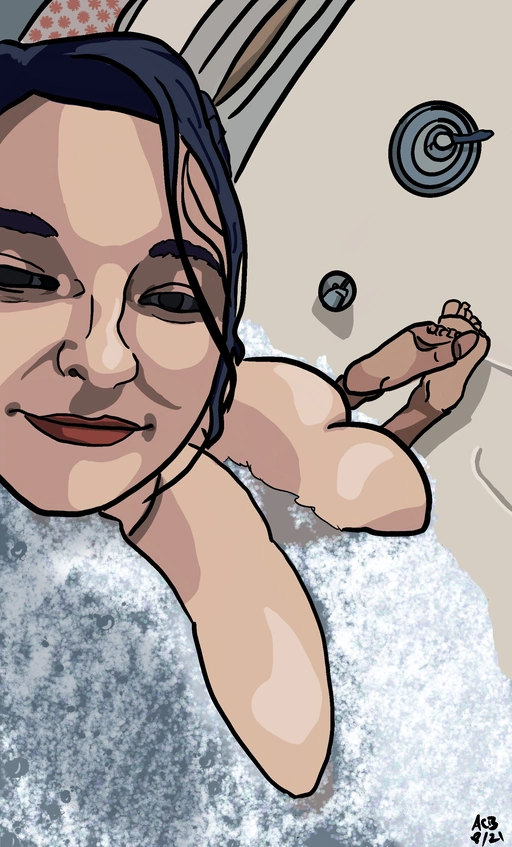 Cartoon portrait of Aftyn Rose relaxing in a bath