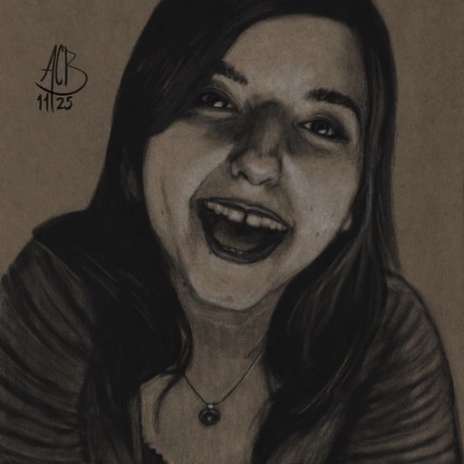 Charcoal portrait of Aftyn Rose with a big smile