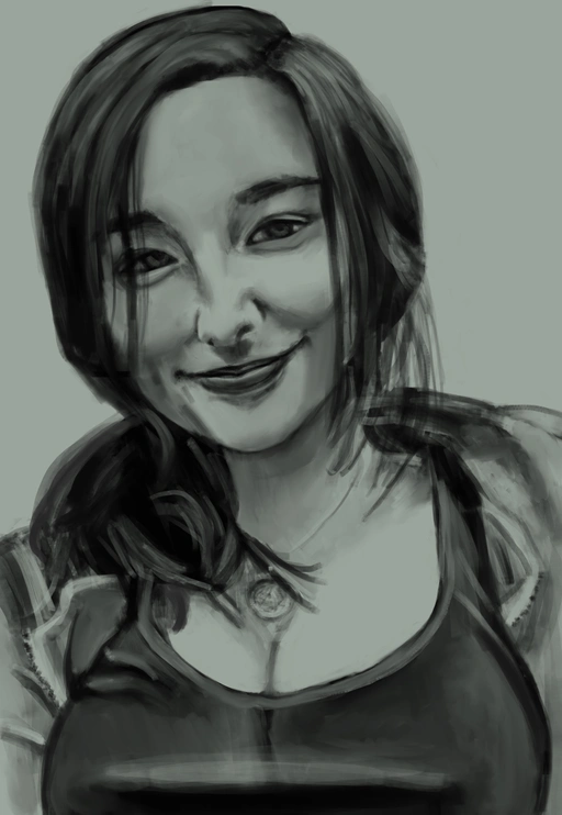 Monochrome drawing of Aftyn Rose wearing a comfortable hoodie and smiling