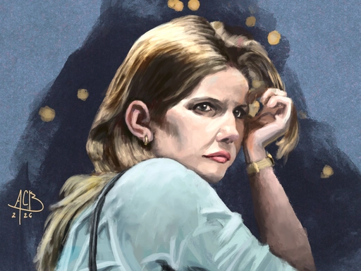 Painting of Anna Chlumsky leaning into the palm of her hand