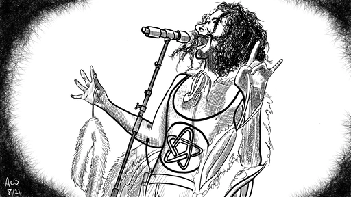 Pen and ink portrait of singer Danny Avidan in full concert regalia