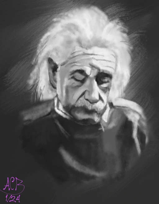 Monochrome portrait of Albert Einstein. He is looking downward, probably at a book