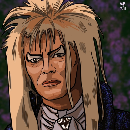 Cartoon-style rendering of David Bowie as Jareth the Gobli King