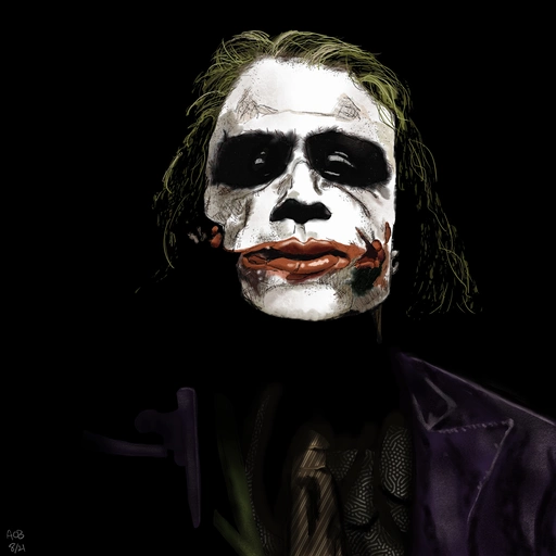 Painting of Heath Ledger as the Joker in deep shadows