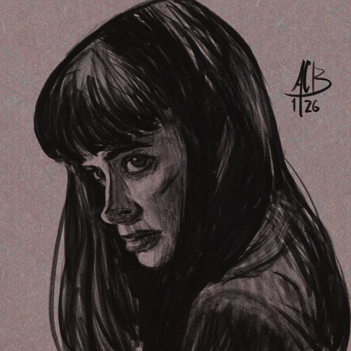 Digital charcoal drawing of Krysten Ritter, viewed from the side, her head rotated slightly toward the viewer