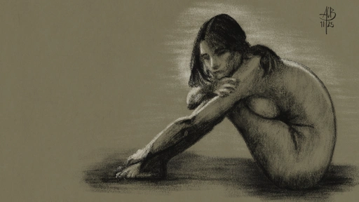 Charcoal rendering of Margot Kidder, nude, seated, clutching her legs to her chest