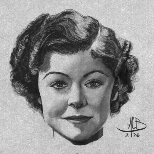 Charcoal portrait of film actress Myrna Loy