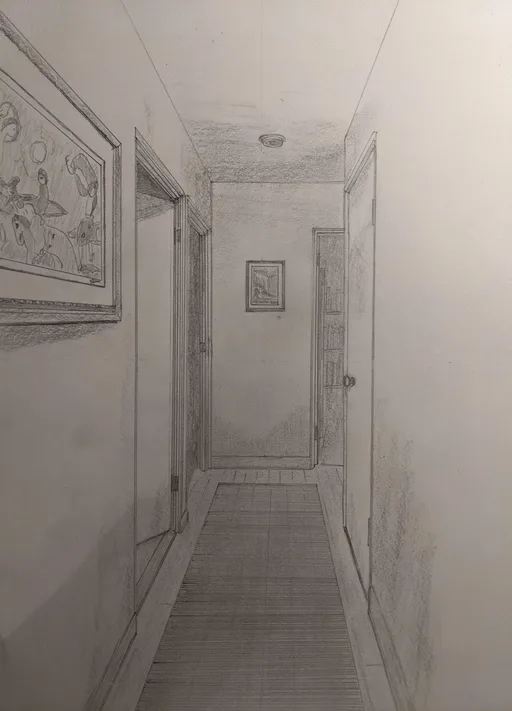 Pencil drawing of a short hallway