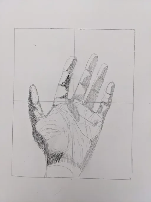 Pencil drawing of my hand in a 4 quadrant grid