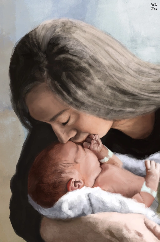 Painting of Tara giving her baby Fiona her first kiss