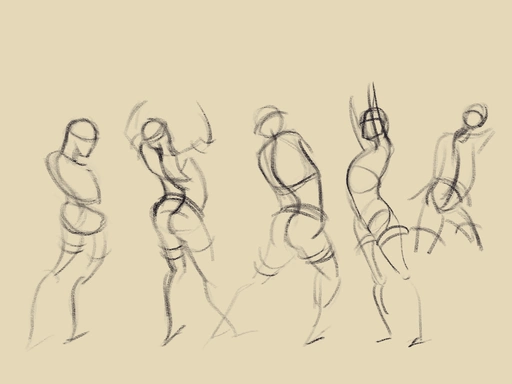 Sketched figures aiming for dynamism