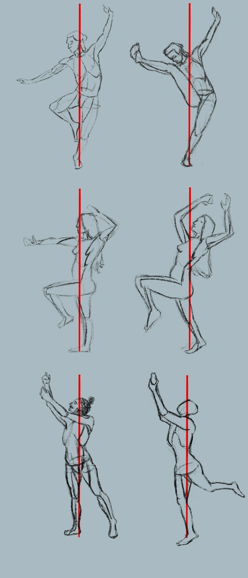 Three pairs of figure drawings focused on balance. In each of the 3, weight is centered on a single leg. Figures in the left column are drawn from reference. Figures in the right column exaggerate those same poses