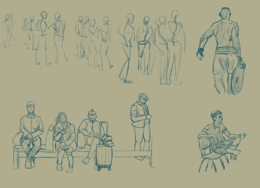 Many figures drawn in relaxed poses, such as waiting for public transportation