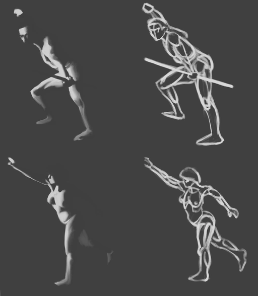 Two figures rendered in two different approaches (for a total of four drawings). Each has a value study (light on dark) and an anatomy study