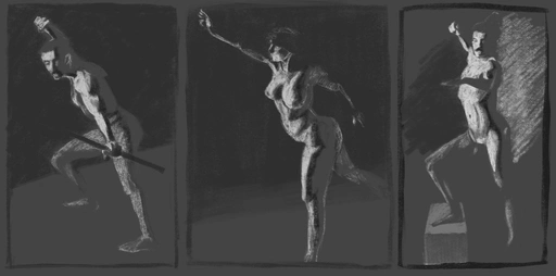 3 figure drawings rendered in charcoal monochrome, with emphasis on light and dark