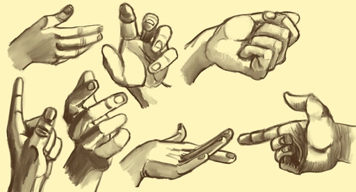 7 sketches of hands in a variety of finger/palm poses and orientations