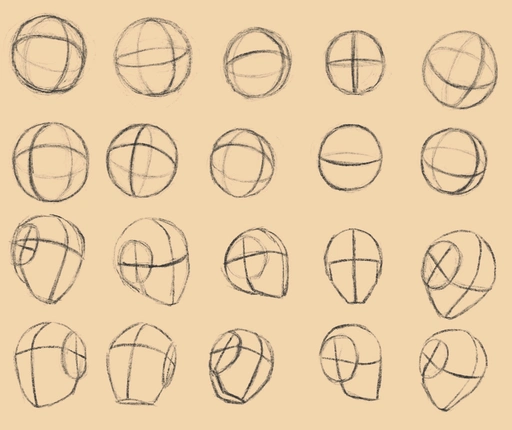 10 drawings of spheres with equatorial bands describing the center line and brow ridge of a face. Then 10 basic Loomis heads based on those spheres