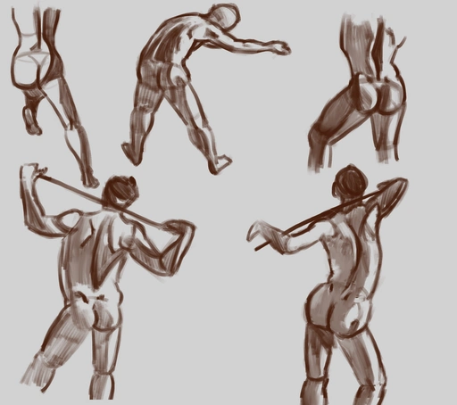 5 nude figure drawings, focused on hips, butts, and thighs