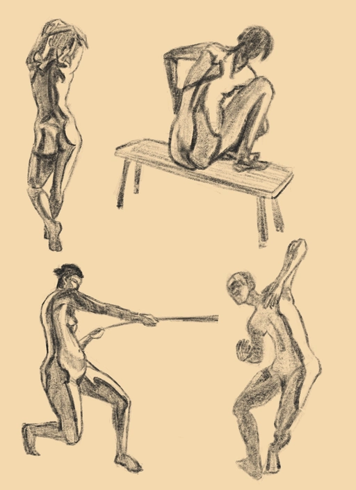 4 pencil shaded figure sketches. 2 of figures facing away from us, and 2 facing toward us