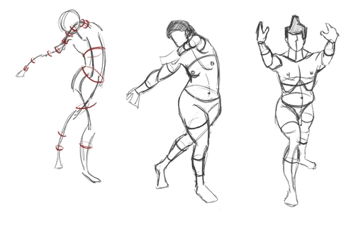 3 gesture drawings with cross contour lines