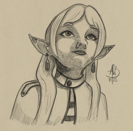 Pencil sketch of anime character Frieren looking up