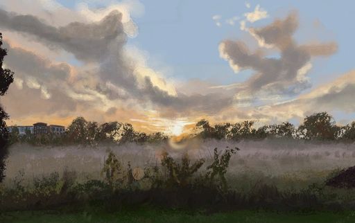 Painting of mists rising above the prairie grasses at the edge of the woods