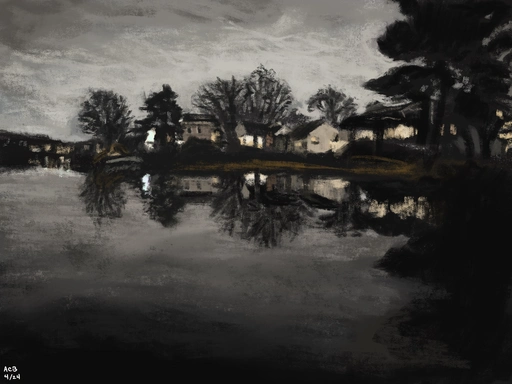 Pastel painting of Spy Pond on a cloudy night, houses and trees reflected in the still water