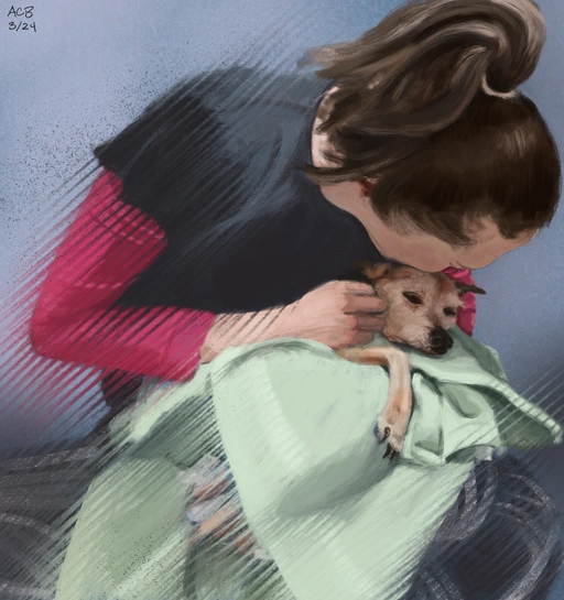 Pastel painting of Tara embracing her dog Vegas in her final moments