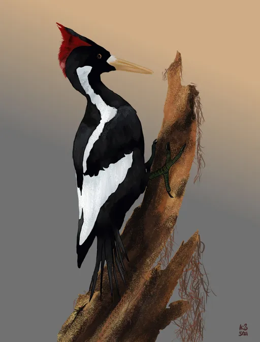 Painting of an ivory billed woodpecker perched on a branch