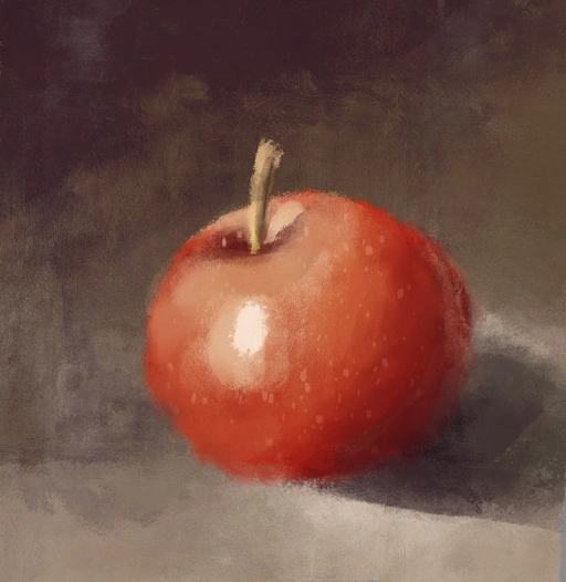 Still life painting of a red apple