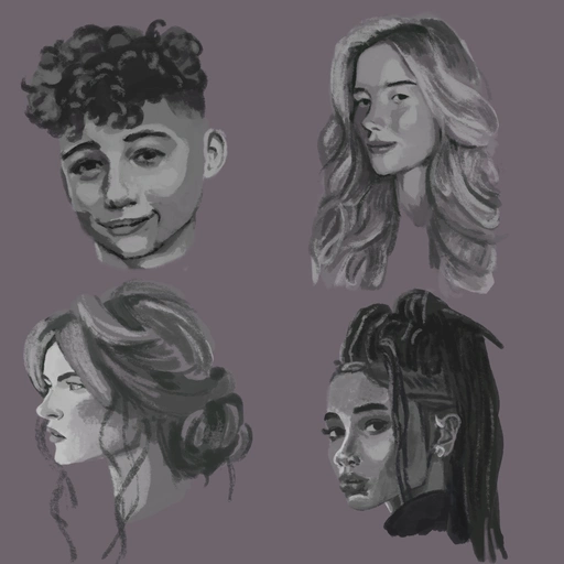 4 small monochrome portraits focused on showing shapes in hair